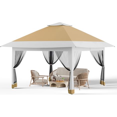Tonnelle de jardin pliante 3,65 x 3,65 M, Pop Up Gazebo, Tente de Canopée, Moustiquaire, Rapide, 4 Sacs de Sable, Kaki foncé + kaki (1/5)