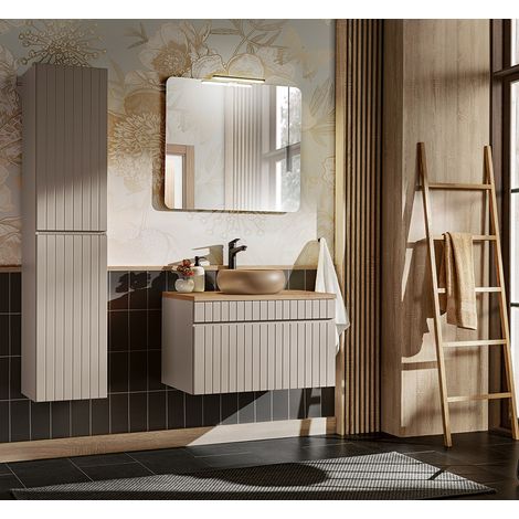Badezimmer Set Hochschrank, Waschtischunterschrank 80 cm, Spiegel IRAKLIO-56-CASHMERE Kaschmir Eiche Nb. B/H/T ca. 145/200/46 cm (1/5)
