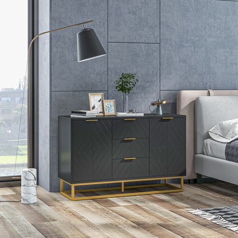 Buffet design contemporain graphique 2 placards porte étagères réglables 3 tiroirs coulissants en bois noir métal doré