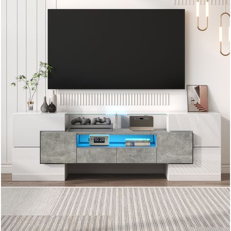 Mueble TV 145x30x51 cm blanco y hormigón en tablero de partículas con LED y gran almacenaje (1/5)
