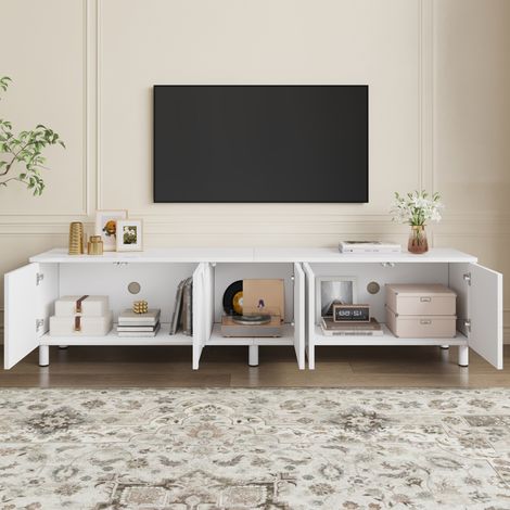 Meuble bas de télévision pour salon équipé de cinq portes et pieds métalliques, fabriqué en panneau PB et MDF, meuble de rangement TV au design contemporain (1/4)