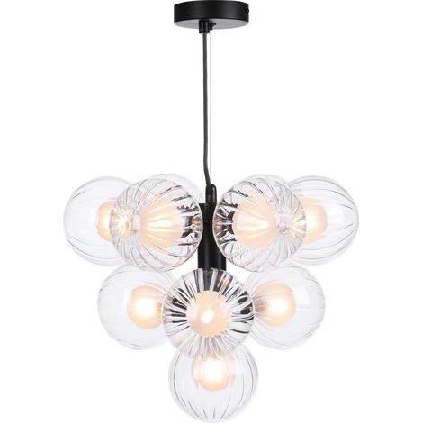 Dar Vine Suspension Vine à 10 lumières, noir satiné et verre transparent/opale (1/4)