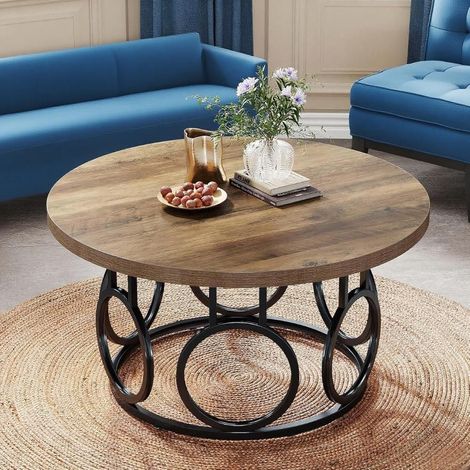 Table d'appoint ronde de 80 cm pour salon, plateau en bois, pieds en métal, repose-pieds, meuble de décoration. (1/5)