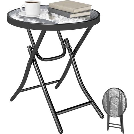 Table basse ronde bistro de jardin Ø 45 x 50H cm pliable métal noir plateau verre trempé (1/5)