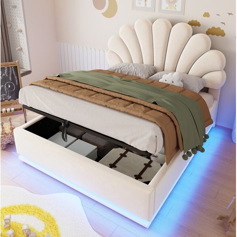 Letto contenitore 140x200 cm con sollevamento idraulico e LED, testiera floreale, velluto, struttura in metallo - beige (1/5)