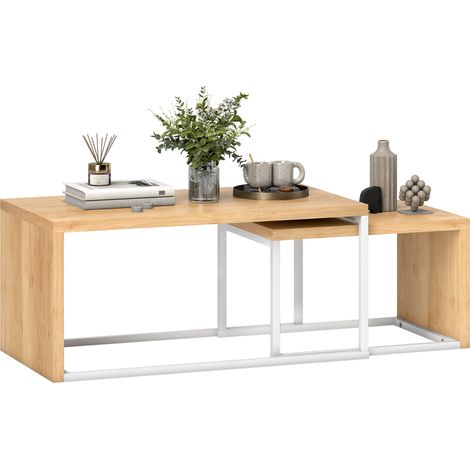 HOMCOM juego de 2 mesas de centro, mesa nido moderna, mesitas auxiliares, marco de metal, para salón, dormitorio, natural y blanco