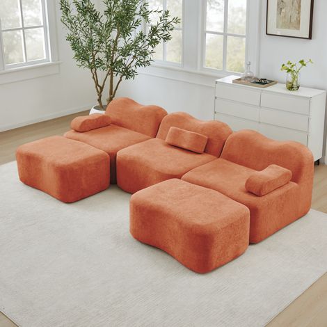 Canapé d'angle 3 places modulable, Canapé en forme vague avec 2 repose-pieds, Tissu velours Orange, Dimensions 288x167x70cm (1/5)