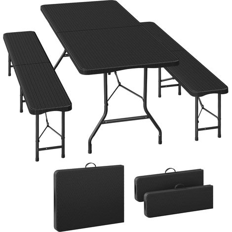WOLTU Set birreria pieghevole 3 pezzi tavolo 180 cm con 2 panche, Effetto Rattan 6-10 persone portatile con maniglia per giardino feste campeggio Nero