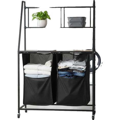 Trieur de linge, design à 2 niveaux, mobile avec cadre en métal, vert armée (1/2)