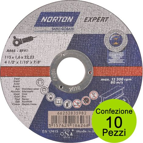 Multipack 10 pezzi dischi da taglio norton per acciaio inox mm 115x1,6x22,23