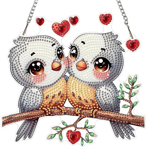 Pendentif Diamond Painting avec chaîne, double face, 20x20cm, oiseaux d'amour