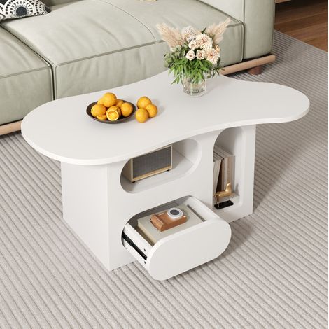 Mesa de centro (97x45x43.5 cm), con cajones curvos y estantes abiertos, tablero de partículas, blanco (1/5)