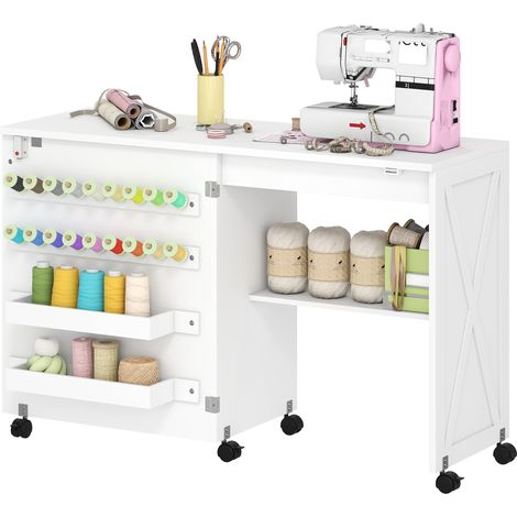 Table de Couture Pliante, Meuble Couture Roulant, Porte Magnétique de Grange, 2 Bacs, Étagère, 18 Chevilles, Blanc (1/5)