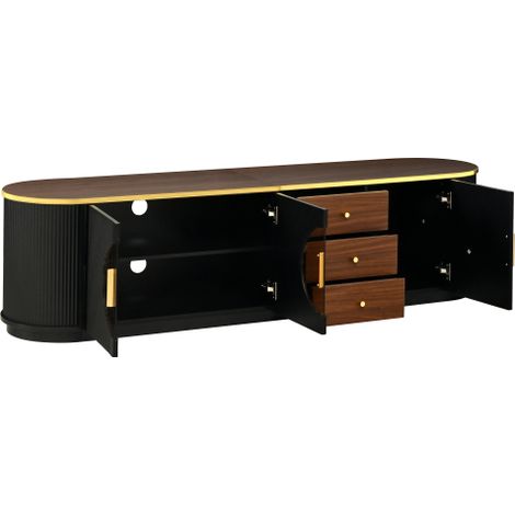 Armoire de rangement meuble TV noir à façade cannelée dessus noyer bord doré dimensions 180×40×46cm 2 portes + 3 tiroirs pour salon moderne (1/5)