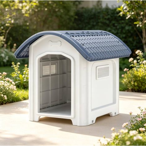 Niche pour chien d'extérieur en plastique PP, toit étanche, base surélevée, blanc et gris foncé (1/5)