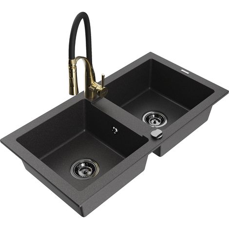Mexen Mario lavello in granito a 2 vasche con miscelatore da cucina Aster, nero puntinato - 6504-76-73450-57-B (1/5)