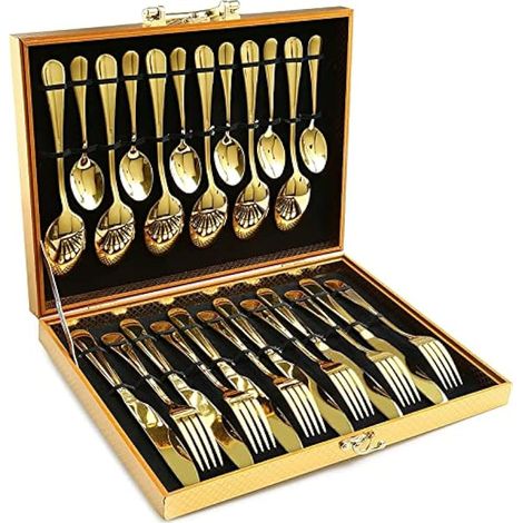 Service de 24 couverts en or, acier inoxydable doré, 6 couteaux, 6 cuillères, 6 fourchettes, 6 cuillères à café, vaisselle polie pour mariage, anniversaire, Noël