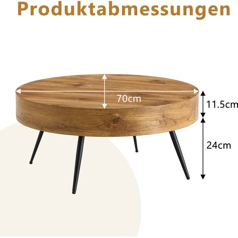 Table basse ronde 70 cm en bois effet chêne (MDF) avec piètement métal noir, design scandinave minimaliste, parfaite pour salon ou petit espace, lot de 1. (1/5)