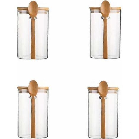 Bocal à bonbons en verre transparent avec couvercle en bambou hermétique et cuillère - Boîte de conservation pour biscuits et autres aliments en vrac (1/5)