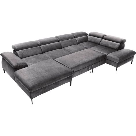 Grand canapé d'angle gauche panoramique convertible en velours gris anthracite SEPINA (1/2)