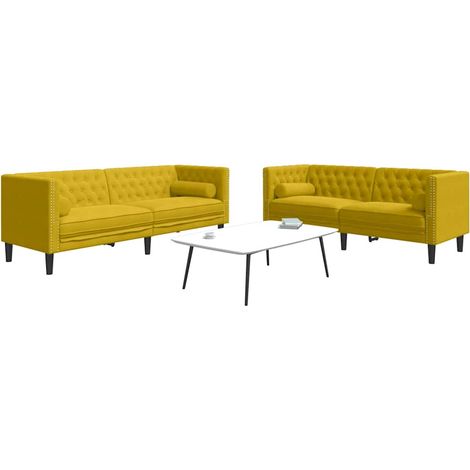 2-tlg. Chesterfield-Sofa-Set mit Nackenrollen Gelb Samt