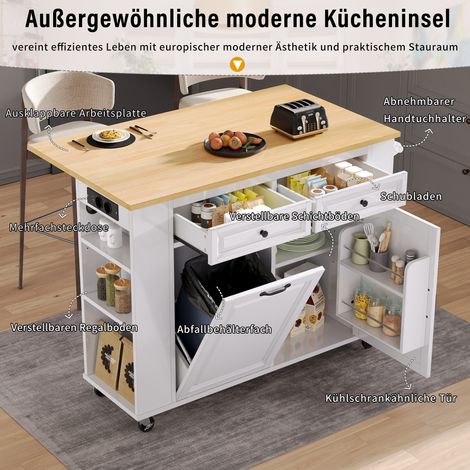 Îlot de cuisine roulant, table extensible avec rangement poubelle intégré et porte-serviettes, chariot de service mobile avec multiprises, parfait pour cuisine et salle à manger (Blanc) (1/5)