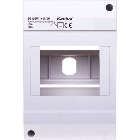 Tableau de distribution modulaire, plastique, 1x4, montage en saillie, IP30, IK06, classe II, sans porte, DB104W, 1X4P/SM, blanc, 3851