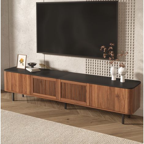 Mueble TV moderno 190 x 35 x 45 cm en MDF y aglomerado, color nogal, con puertas de rejilla (1/5)