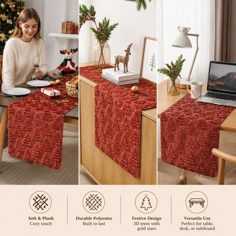 Chemin de table de Noël étoiles et sapins, brun-rouge, 33 x 93 cm, polyester velouté, style nordique, pour salon (1/4)