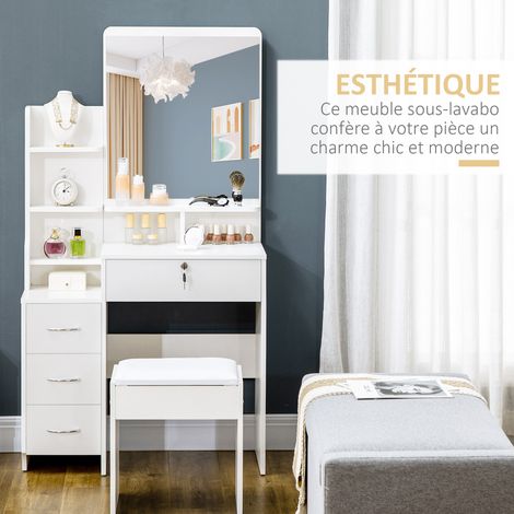 Ensemble coiffeuse tabouret rembourré miroir 4 tiroirs blanc
