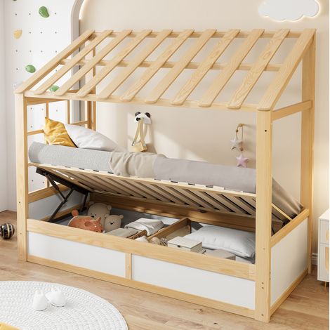 MEUBLIV Letto a casetta 90x200 cm bianco e legno – contenitore idraulico, senza materasso (1/5)