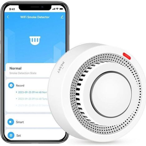 Détecteur de fumée intelligent Wi-Fi, alarme incendie, alarme de fumée sans fil domestique avec notification par application (batterie non incluse)