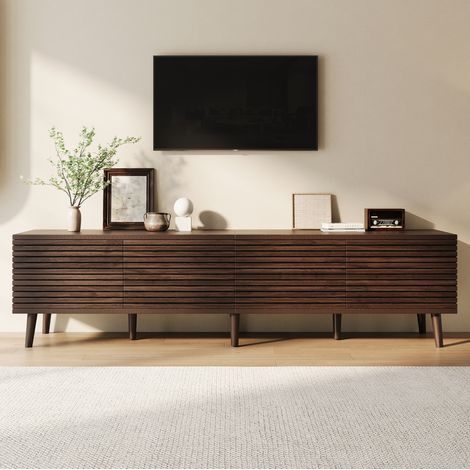 Mobile TV 180x40x46 cm, per TV fino a 75 pollici, 4 ante a griglia, passacavi, MDF e truciolare, colore noce (1/5)