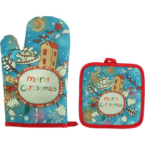 Ensemble de 2 maniques et gants de cuisine de Noël, résistants à la chaleur, pour la manipulation d'ustensiles de cuisine, de pâtisserie et de barbecue. (1/5)