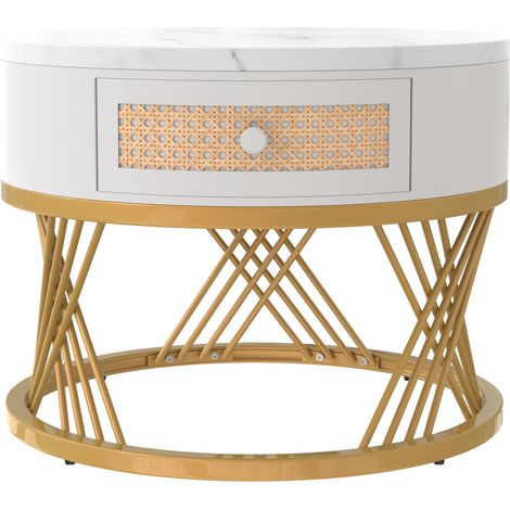 Table basse ronde 2 en 1 en MDF avec plateau effet marbre, tiroirs en rotin synthétique et pieds en métal doré - 70x70x45,5 cm + 50x50x38,5 cm (1/5)