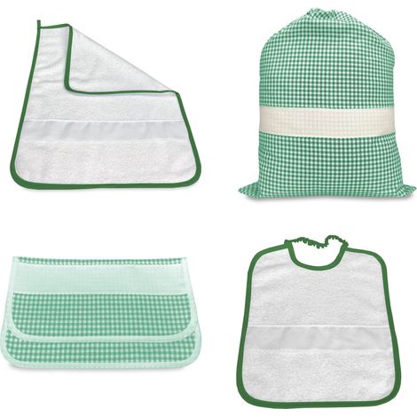 SET ASILO 4 pezzi SACCO e ASCIUGAMANO e BUSTINA A QUADRETTI TINTO IN FILO con tela AIDA per ricamare il nome Verde