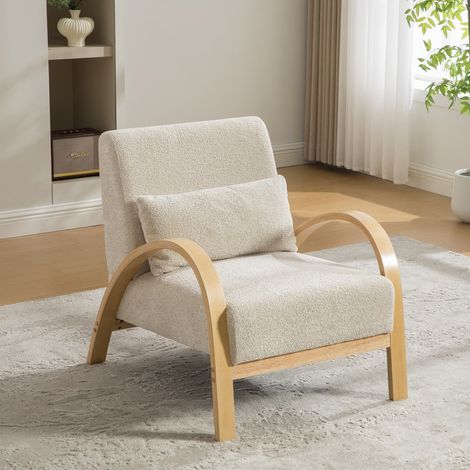 Fauteuil lounge scandinave – Tissu chenille doux, cadre en bois massif – Couleur beige – Pour salon, chambre ou espace détente – Siège confortable design nordique