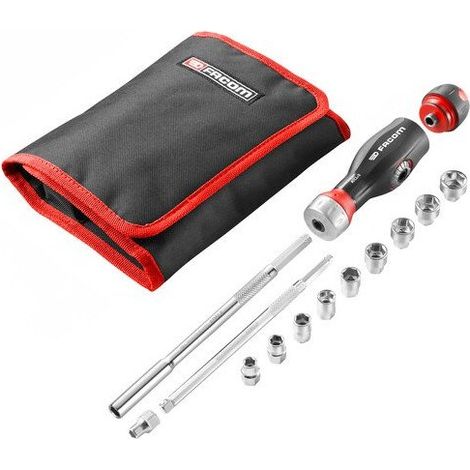 Facom – Tournevis 3 en 1 Protwist multilames à double cliquet – Poignée en T ergonomique – Couple 20 N.m – 10 douilles 1/4'' – Coffret textile