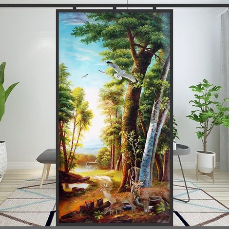 Film décoratif pour fenêtre, paysage forestier, peinture à l’huile, effet givré, adhésif statique en verre sans colle (D, 60 x 120 cm (23,6" x 47,2"))