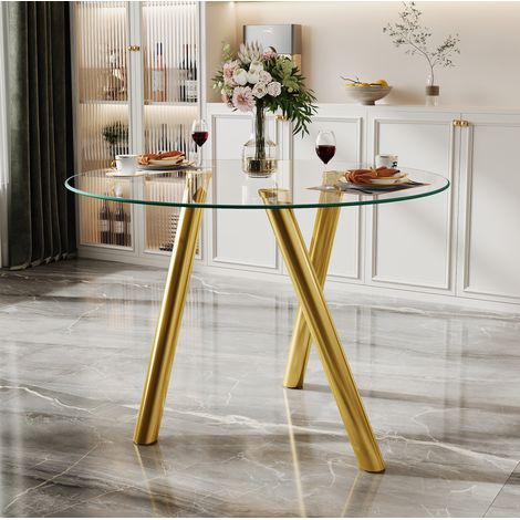Runder Esstisch aus Glas mit goldenen Metallbeinen OKMYHOME (1/5)