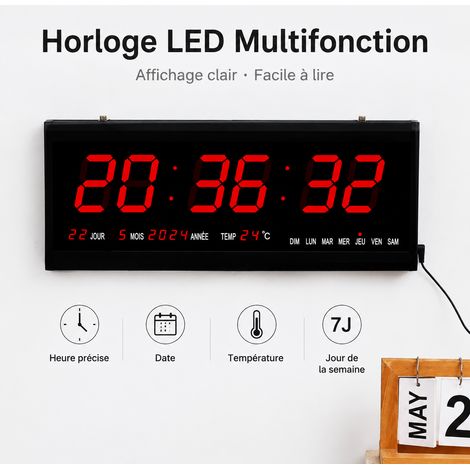 Horloge murale digitale LED 48x19x3 cm chiffres rouges prise UK avec calendrier perpétuel et température réf 0674 1,55 kg – Livraison gratuite (1/5)