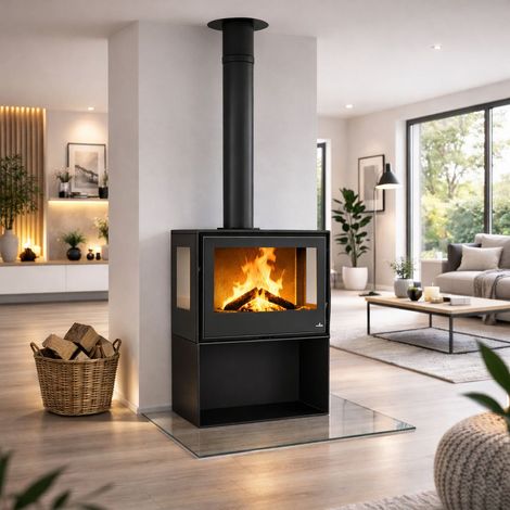 Poêle à bois 3 vitres ventilé avec range bûches- BRONPI Bimba 70 3C 10 kW  Sans kit air