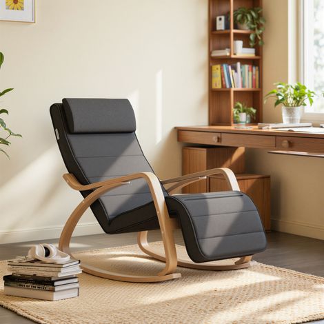Fauteuil à Bascule avec Repose-Pieds, Réglable sur 5 Niveaux, avec Accoudoirs en Bois, pour Salon, Gris Foncé et Naturel (1/5)