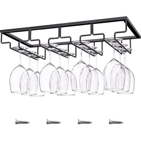 1 Porte-verres métal, suspension 4 rangées, fixation vis, fer robuste, cuisine bar, noir (1/5)