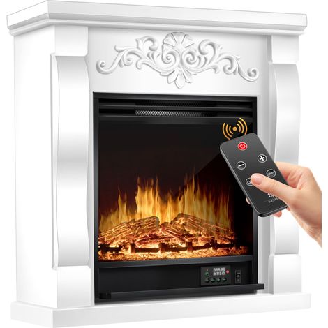 KESSER® Camino elettrico a stelo - Camino elettrico con effetto fiamma LED 3D  Con funzione di riscaldamento  Camino elettrico con potenza di 1800W  Timer settimanale  Villa / Bianco (1/5)