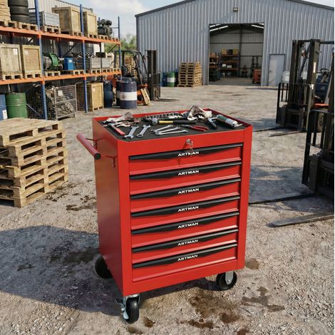 Chariot à outils 60x33x77,5 cm en acier rouge, 7 tiroirs verrouillables pour garage – MEUBLIV (1/5)