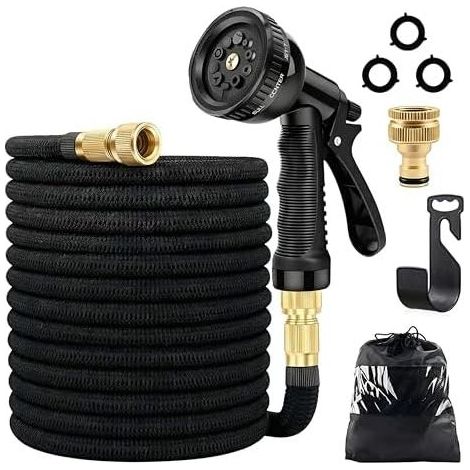 30 m langer, dehnbarer Gartenschlauch mit 1/2"- und 3/4"-Adaptern, einziehbarem flexiblem Schlauch, Multifunktions-Spritzpistole, Messinganschlüssen und Haken für Aufbewahrungstasche (1/5)