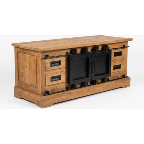 Meuble TV L. 110 cm en bois de teck massif et métal noir – EDWARDS