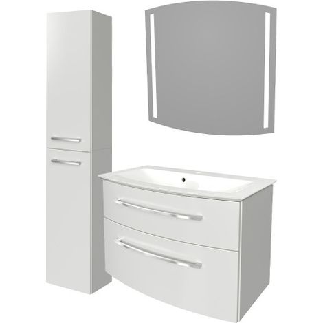 Fackelmann B.STYLE Badmöbel Set mit Waschbecken mit Unterschrank 80 cm breit –  mit LED-Spiegel und Hochschrank – Badezimmermöbel hängend in Weiß Hochglanz – Badspiegel mit Beleuchtung"-"90192145 (1/5)