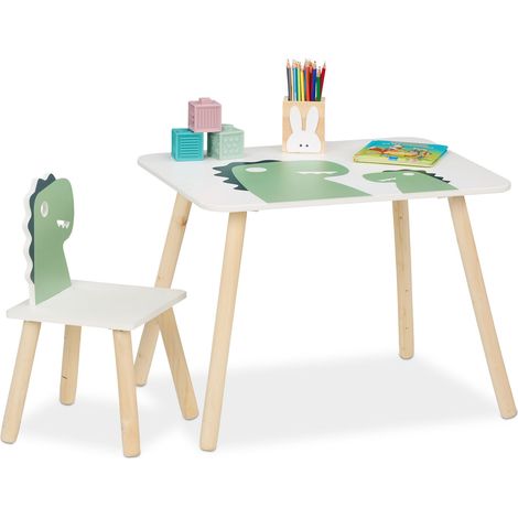 Relaxdays Kids' Table & Chair Set, Dinosaur Design, Furniture for Children, Playroom & Nursery Seating, White/Green